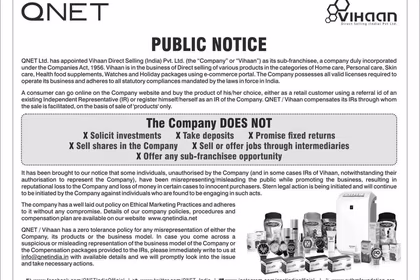 QNET Public Notice in Leading Indian Newspapers