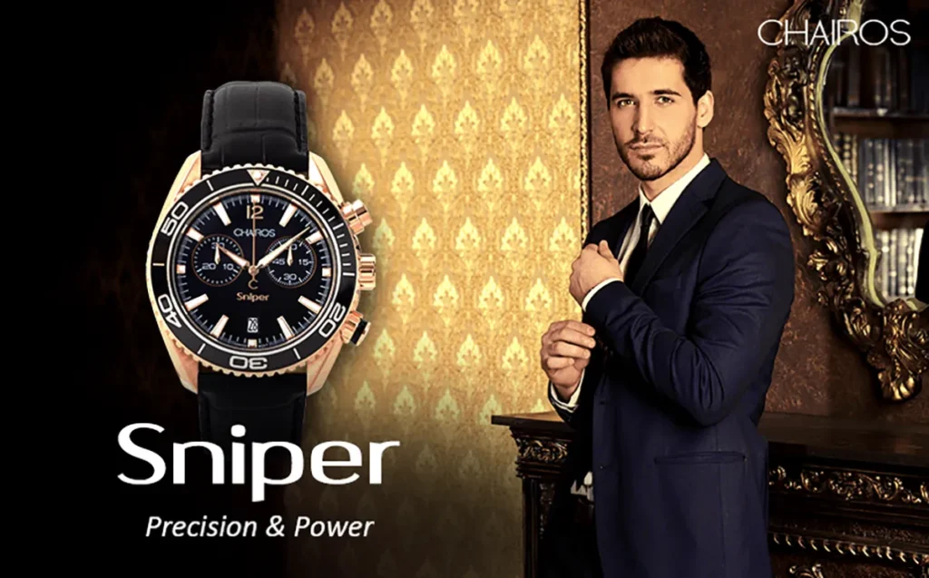 A young man in a formal suit with CHAIROS Sniper by QNET in the frame