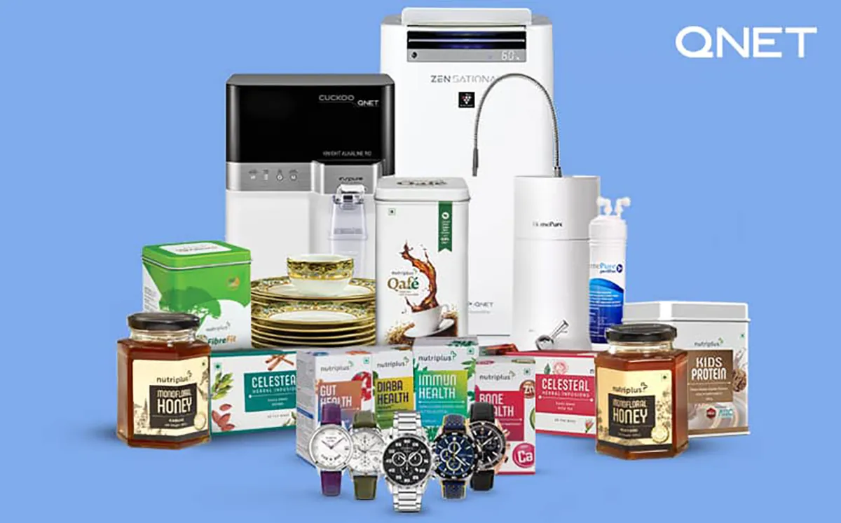 QNET products with a blue background