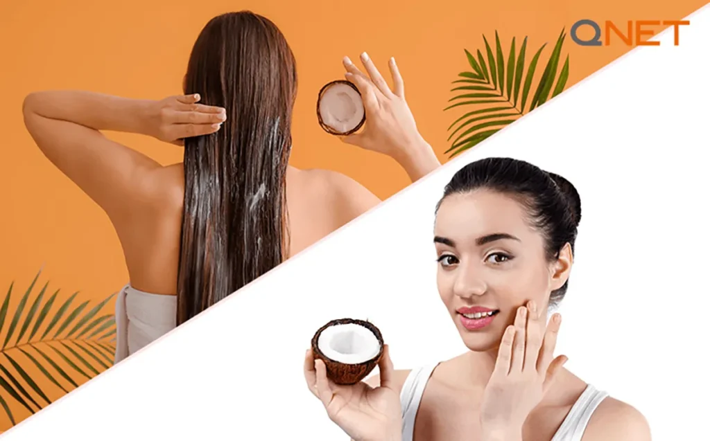 A woman massaging her hair and the same woman massaging her face