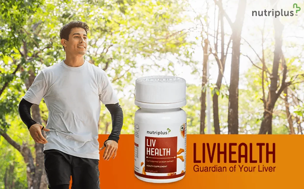 A happy man with Nutriplus LivHealth in the frame