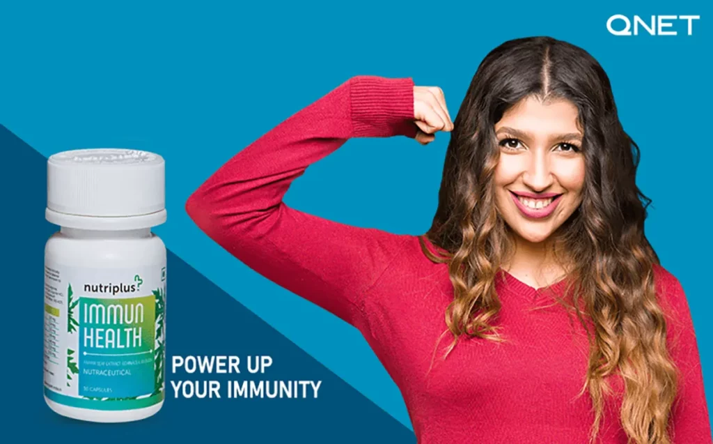 A young woman flexing her muscles with Nutriplus ImmunHealth in the frame