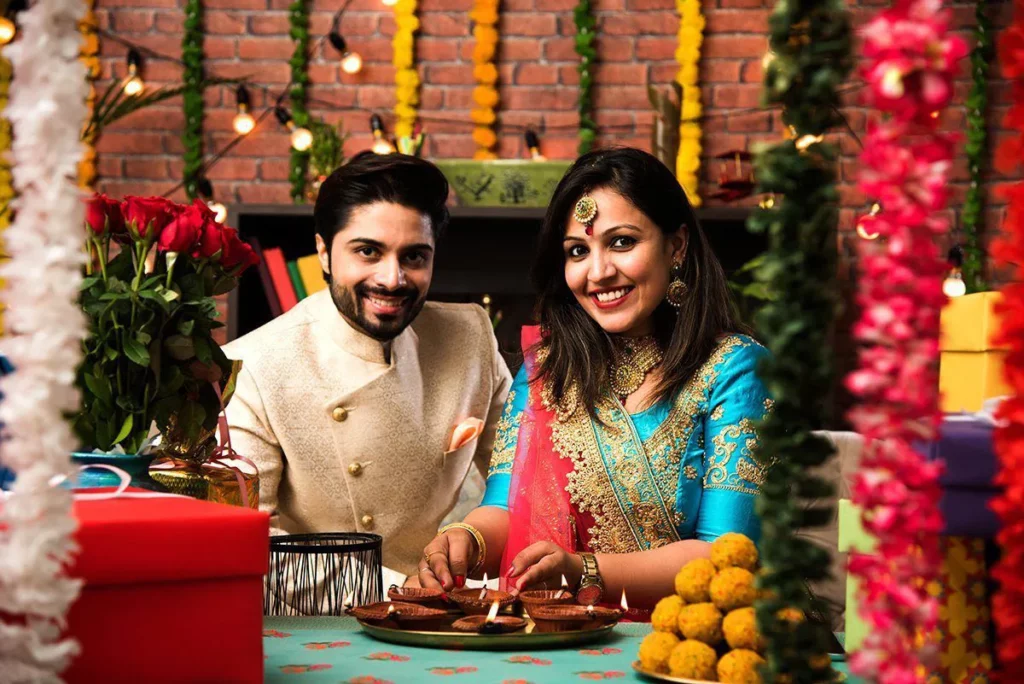 Indian couple in traditional attire ready for the festival season